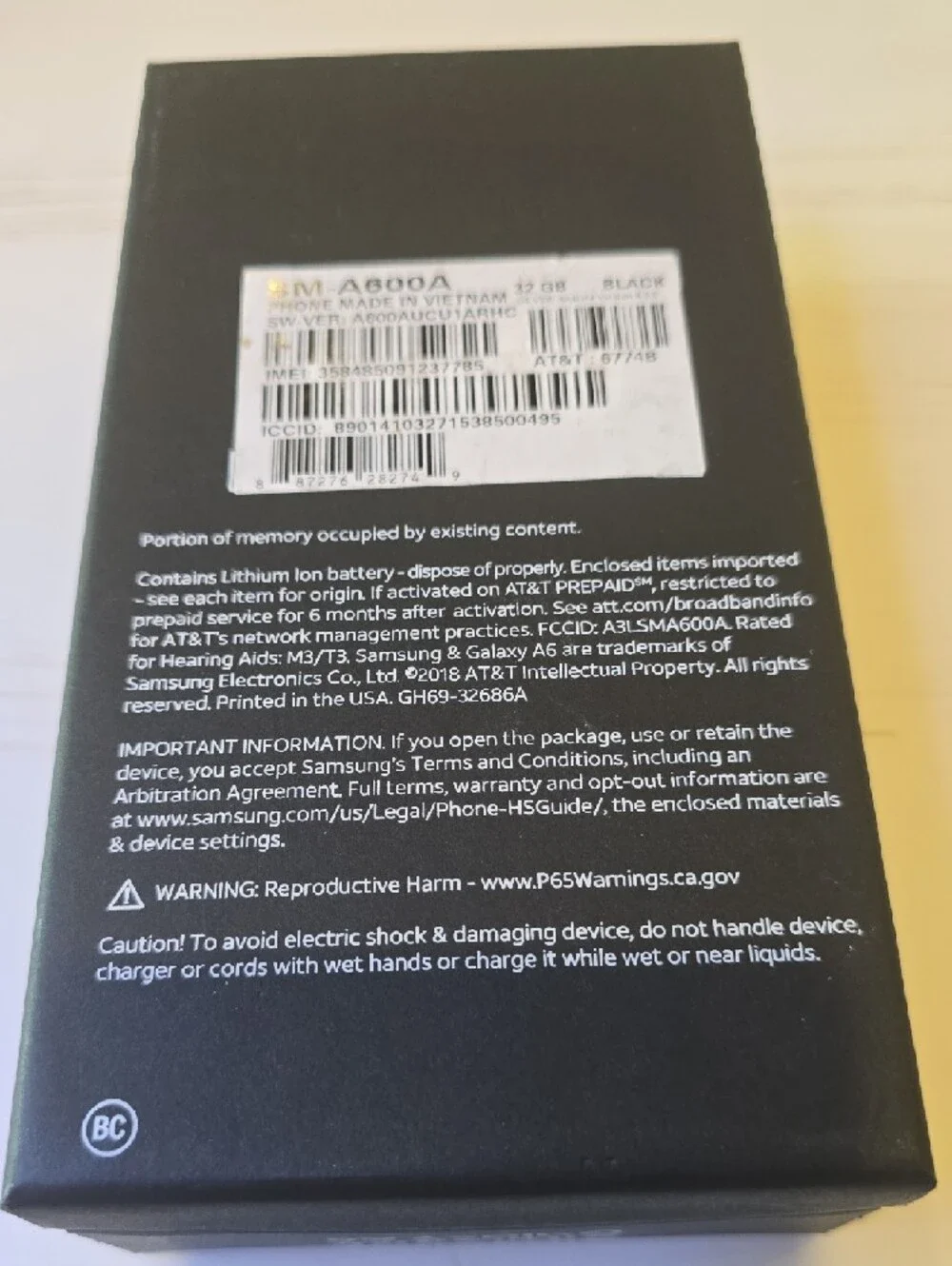 Samsung Galaxy A6 Box with Blue AT&T Logo